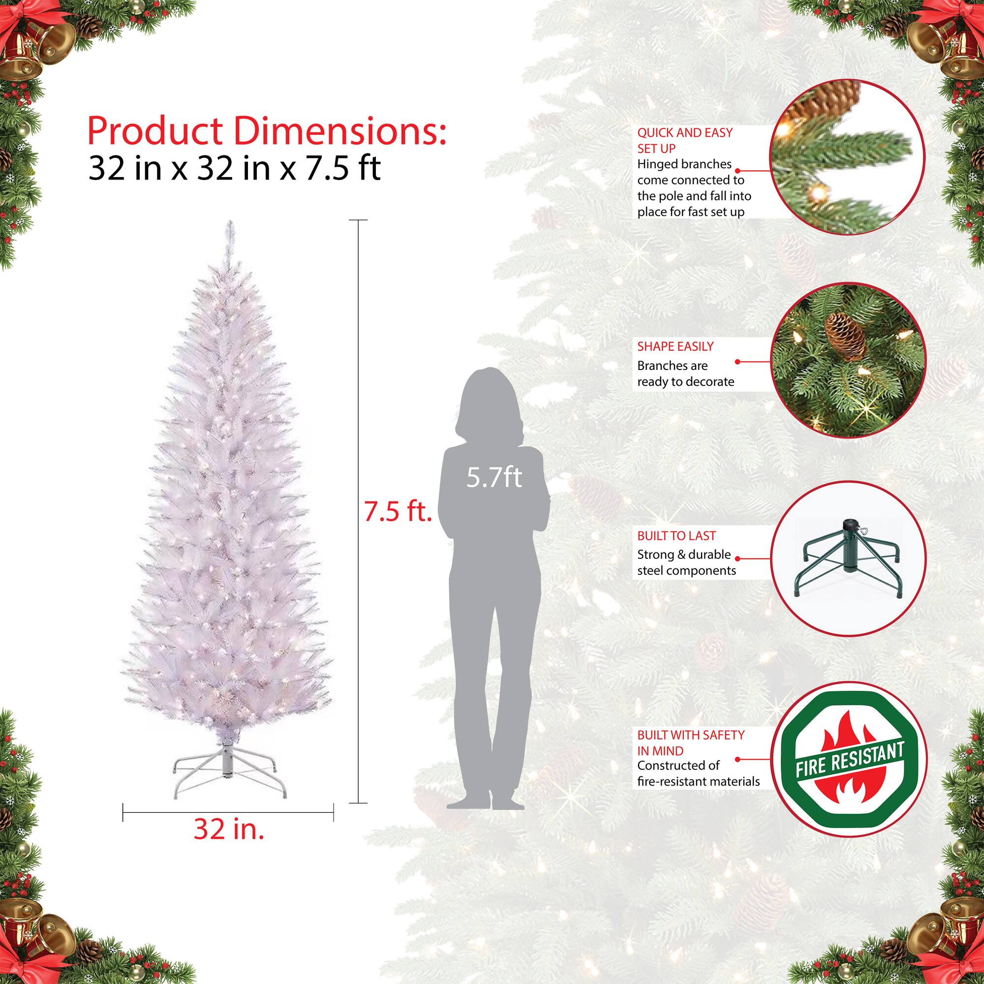 7.5ft. Pre-Lit White Fraser Fir Pencil Artificial Christmas Tree, Clear Lights
